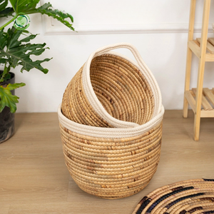 Ensemble de 2 paniers en jacinthe d'eau avec garniture en tissu de coton, paniers de rangement faits à la main, vente en gros, écologiques, fabriqués au Vietnam - Product Image 5