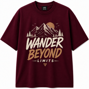 เสื้อยืดแขนสั้นสีแดงเลือดหมู Wander Limits สำหรับผู้ชาย คอกลม ทรงปกติ ผ้าฝ้าย 100% ระบายอากาศได้ดี พิมพ์ลายดิจิตอลด้วยเทคนิค Sublimation ด้านหน้า สไตล์ลำลอง - Product Image 1