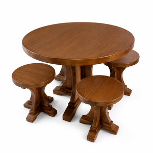 Table à manger ronde en bois massif et ensemble de 4 tabourets, meubles de cuisine en bois, design classique sur piétement - Product Image 1