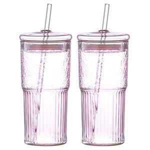 Set di 2 Bicchieri in Vetro Borosilicato Rosa da 20 oz con Motivo Verticale, Resistenti al Calore, per Succhi e Latte, con Coperchio - Product Image 1
