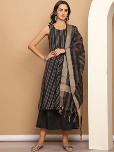 <b>Women</b> Traditional Black Cotton Digital Print <b>Kurta</b> Dupatta A-Line Sleeveless Regular Fit Knee-Length Quick Dry Casual Wear India - Product Image 1