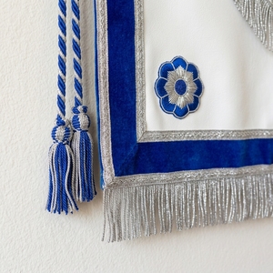 <b>White</b> Blue Velvet Masonic <b>Apron</b> Embroidered Square Compasses Symbol Silver Fringe Classical Style - Product Image 4