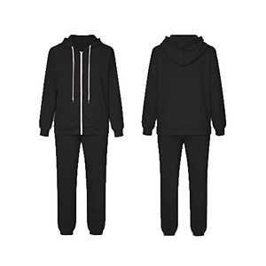 Ensemble de survêtement noir à capuche pour femme, sweat-shirt décontracté à manches longues de couleur unie avec pantalon à cordon de serrage, poches latérales, fermeture éclair - Product Image 3