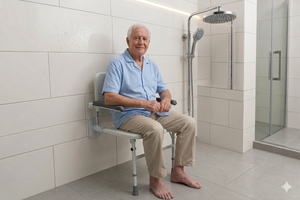 Asiento de ducha plegable para montar en la pared con brazos, respaldo y asiento plegables, altura ajustable para personas mayores y discapacitadas - Product Image 3