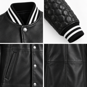 <b>Men</b> <b>Black</b> Leather <b>Long</b> <b>Coat</b> with Quilted Sleeves Snap Button Front Striped Ribbed Collar Fashion Varsity Style Winter Outerwear - Product Image 6