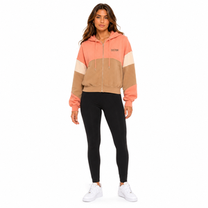 Custom Cropped Women's Hoodies Full Zip Color <b>Block</b> Crop Zip-Up Hoodie Cotton Blend Drop Shoulder Pullover Patchwork Streetwear - Product Image 5