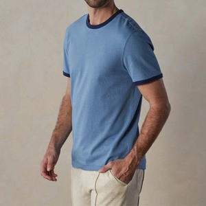Camiseta de Algodón de Manga Corta para Hombre, Corte Regular, Color Azul, con Ribete en Contraste, Cuello Redondo, Estilo Casual - Product Image 2