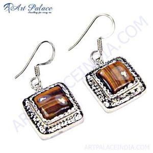 Valiosos aretes de aro de plata con piedras preciosas de ojo de tigre - Product Image 2