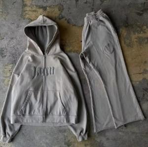 Ensemble de survêtements unisexe à capuche zippé et pantalon évasé, coupe ample, 100 % coton, style Y2K, avec logo personnalisé OEM, effet délavé à l'acide, pour l'hiver - Product Image 5