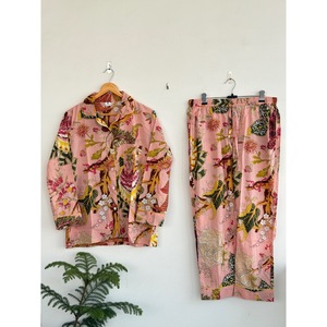 Floral Print 100% Cotton Bohemian V-neck Pajama Set Long Sleeve Regular Fit <b>Elastic</b> Waist Eco-Friendly Daily Casual Wear All - Product Image 5