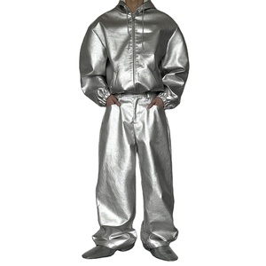 Unisex Silver Metallic Tracksuit Set Full <b>Zip</b> <b>Hooded</b> Loose Fit Streetwear Pants With Side Pockets Autumn Wear - Product Image 1