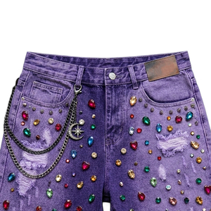 Custom Acid Wash Distressed Shorts High Quality Rhinestone 100% Denim Shorts Vintage Summer Streetwear Unisex - Product Image 4