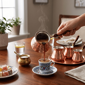 Cafetera Turca de Cobre Repujado con Medallón Floral, Cezve, Ibrik Árabe, Briki Griega, Calentador de Leche para Estufa con Mango de Madera, OEM - Product Image 2