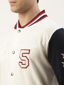 <b>Men's</b> PU Varsity <b>Jacket</b> <b>White</b> Body Navy Sleeves Embroidered Number 5 Button Closure Preppy Style Windproof Autumn OEM Service - Product Image 6