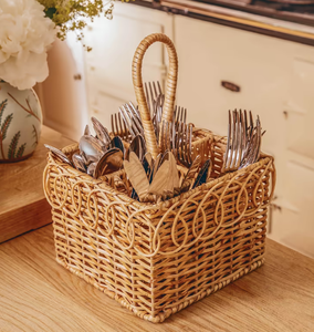 Rattan Woven Cutlery <b>Basket</b> with Handle Rustic Rectangle Flatware Organizer <b>Wicker</b> Table Kitchenware Holder Vintage Style Decor - Product Image 4