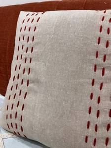 Handcrafted Minimalist Kantha Stitch Embroidery Square Cotton <b>Cushion</b> <b>Cover</b> with Anti-Dust Mite Feature in Beige and Red - Product Image 4