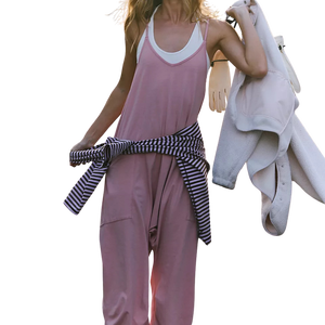 High Quality Women's Pink Sleeveless V-Neck <b>Jumpsuit</b> <b>With</b> Side <b>Pockets</b> Loose Fit Full Length Casual Summer Wear Tracksuit - Product Image 1