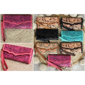 Cartera larga de cuero genuino rosa hecha a mano con diseño repujado, multifuncional, de gran capacidad, con correa para la muñeca, para uso diario. - Product Image 1