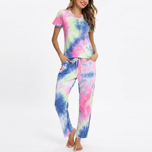Conjunto de pijama de algodón con efecto tie-dye para mujer, manga corta, cuello redondo, pantalones largos con cordón y bolsillos laterales, ropa informal de verano - Product Image 6
