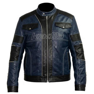 Blouson en cuir pour homme Street Wear Racer, design personnalisé, blouson bomber en cuir pour homme, bleu et blanc, style motard - Product Image 1