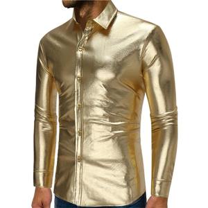 Chemises en cuir pour hommes, motif tendance, chemise en similicuir PU brillant à manches longues, t-shirts de danse, chemise vintage automne-hiver pour hommes - Product Image 3