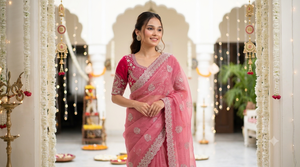 AARA Fashion Saree en soie rose avec bordure brodée et chemisier, tenue de mariage pour femme, robe de mariée indienne traditionnelle, protection solaire - Product Image 3