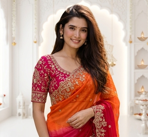 AARA Fashion Traditional Indian Silk <b>Saree</b> Women <b>Red</b> Orange Wedding Wear Floor-Length Regular Fit Stretchable Sun Protection All - Product Image 3