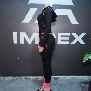 Ensemble de vêtements de sport pour femmes, noir avec bordure rose, à capuche, 2 pièces, coupe ajustée, longueur intégrale, respirant, tricoté, pour toutes les saisons - Product Image 2