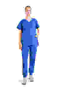 Ensemble de blouses bleues pour femmes, haut à col en V avec poches et pantalon de jogging, uniformes d'hôpital, tissu polyester tissé - Product Image 2