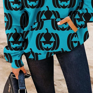 Premium Women's Sublimated <b>Halloween</b> <b>Hoodie</b> All Over Teal Blue Jack O Lantern Pumpkin Print Polyester Pullover Sweatshirt OEM - Product Image 6