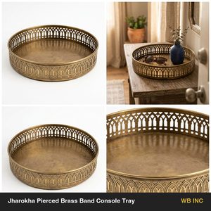 Plateau de console en laiton antique 30 cm, fait main, motif Jharokha ajouré, pour décoration intérieure et usage hôtelier - Product Image 6