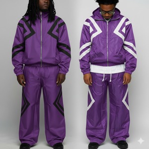 Chándal Deportivo Morado para Hombre, con Diseño Geométrico, Cremallera Completa, Corte Holgado, Poliéster, con Bolsillos Laterales, para Otoño - Product Image 1