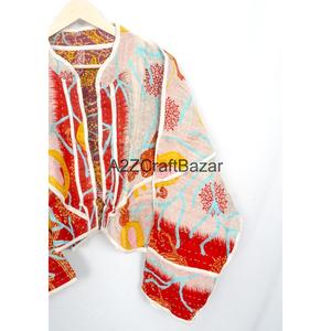 Handcrafted Unisex Cotton Quilted Printed Patchwork Bohemian <b>Kantha</b> Kimono <b>Jacket</b> Autumn/Spring/Summer/Winter Vintage Floral - Product Image 3