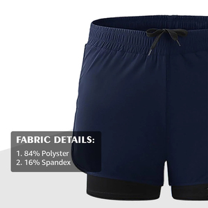 Custom Logo Summer Double <b>Layer</b> Shorts Navy Blue Color Gym Fitness Running Jogging Polyester Spandex Quick Dry Shorts - Product Image 2