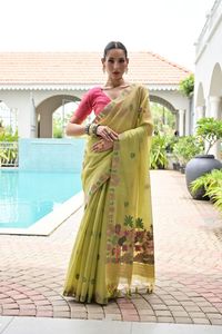 Sari en coton Chanderi doux avec bordure de pallu fleuri en tissage Resham, chemisier contrastant, séchage rapide, pour femmes, idéal pour les fêtes - Product Image 5