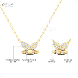 Collier avec pendentif papillon en or jaune 14 carats, diamants 0,16 CTW, bijoux fins minimalistes inspirés de la nature pour femmes - Product Image 3