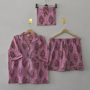 Conjunto de Pijama Elegante de Algodón Tejido con Rayas Florales Rosas, Estampado a Mano, Ropa de Dormir Larga para Mujer, Exquisito Conjunto de Dos Piezas - Product Image 1