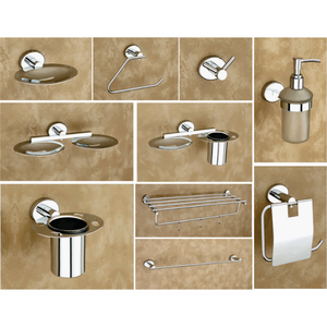 Ensemble d'accessoires de salle de bain contemporains en acier inoxydable chromé à fixation murale : porte-serviettes, distributeur de savon, porte-brosse à dents, facile à nettoyer - Product Image 1