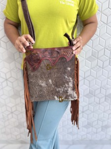 Western Pattern Hand Tooled Carving Handbag Designer Cowhide Fur Leather Gypsy Boho Vintage Fringe Shoulder Bag Stylish Bags - Product Image 5