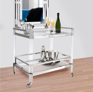 2-Tier <b>Acrylic</b> Hotel Trolley with 4-Wheel Rolling Base Modern Design <b>Mirror</b> Shelf for Commercial Restaurant Use - Product Image 5