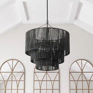 Farmhouse Matte Black <b>Rope</b> Paper Craft Pendant <b>Light</b> Hand-Woven Hanging Lamp - Product Image 2