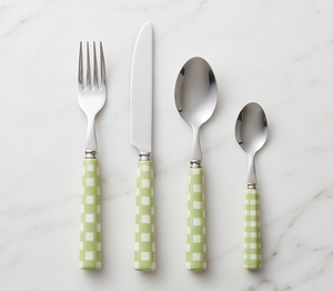 Ensemble de couverts en acier inoxydable à poignée à carreaux verts, fourchette, couteau, cuillère, passe au lave-vaisselle, style vintage, vaisselle de table - Product Image 1