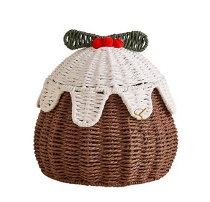 Festive Christmas Pudding Shaped Seagrass Storage <b>Basket</b> Cute Holiday <b>Gift</b> <b>Basket</b> Handwoven Xmas Decor Bin with Holly Lid - Product Image 1