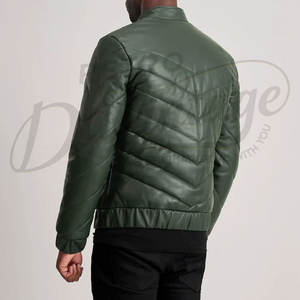 Chaqueta de cuero acolchada verde bosque para hombre, diseño en V, cuello alto, cálida, acolchada, corte ajustado, estilo motero - Product Image 2