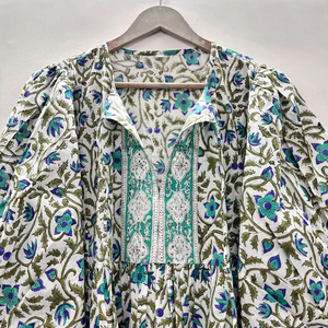 Vestido Casual Midi para Mujer, Tejido 100% Algodón, Estampado Floral Liso, Manga Corta, Cintura Imperio, Estilo Babydoll, Oversize, Cuello en V, Holgado - Product Image 2