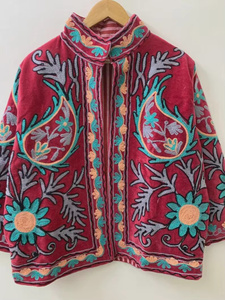 Veste en velours brodée à la main avec motif palmier, soleil et cœur, col mandarin, style vacances d'été, manteau court pour femme - Product Image 5