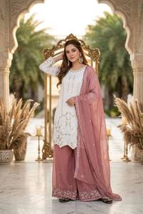 Ensemble ethnique 2 pièces réversible en mousseline tissée brodée lourde pour femme, longueur cheville, idéal pour mariage et fête - Product Image 3