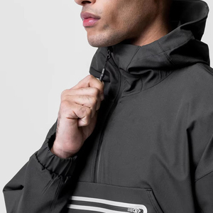 Men's Windproof Hooded Quarter-Zip Solid Color Black Polyester Shell with Zippered Pocket <b>Coach</b> Jacket For Online Sale - Product Image 2