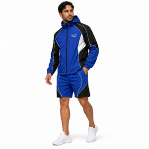 Ensemble de survêtement sportif pour homme, veste à capuche et short, bleu et noir, imperméable, séchage rapide, polyester, vêtements de sport pour le printemps - Product Image 1