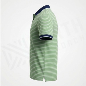 Polo en tricot rayé pour homme, manches courtes, décontracté, vert avec col et poignets marine - Product Image 3